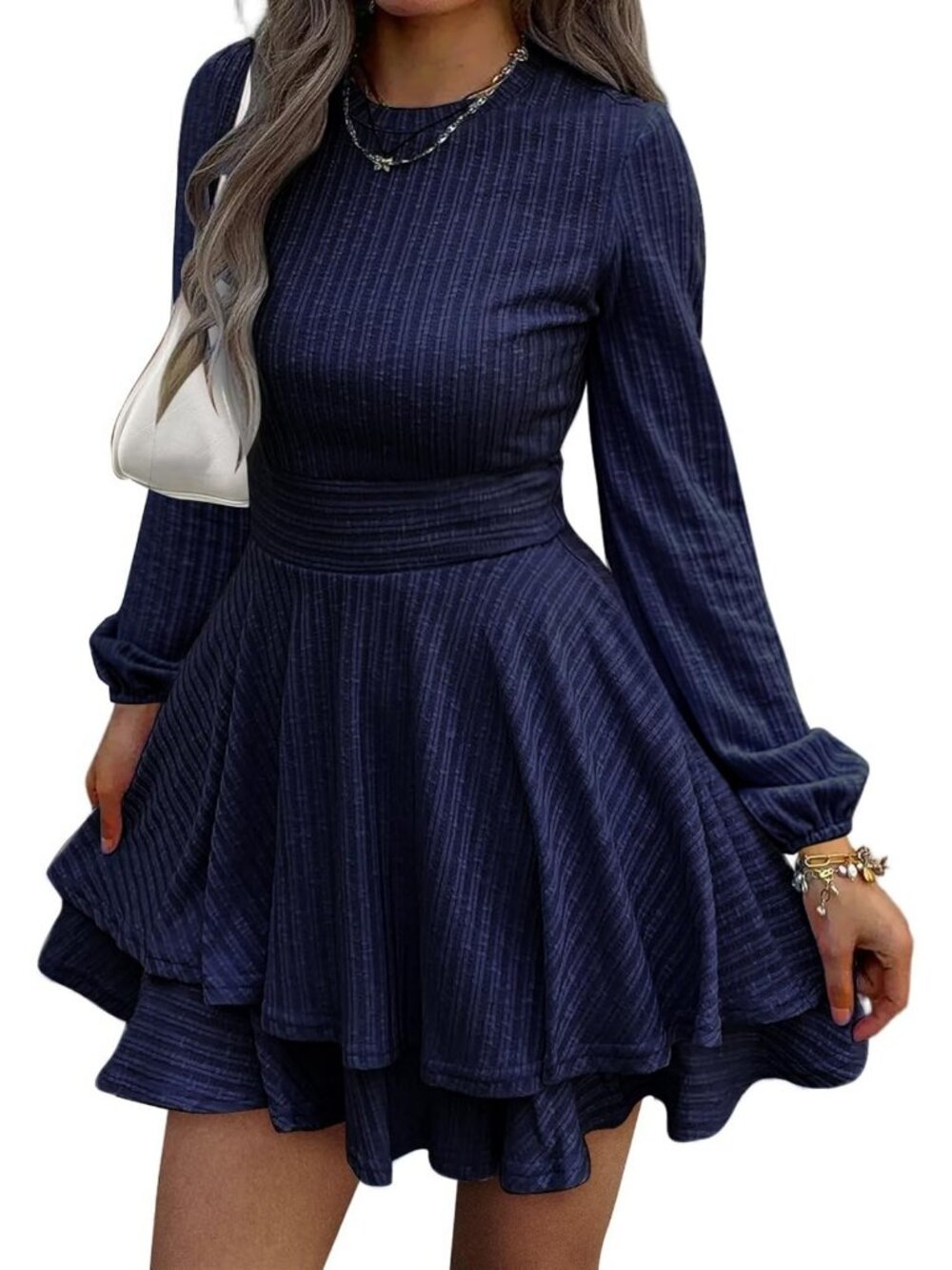 Casual Women's Long Sleeve Knit Mini Dress with Ruffle Flare A-Line Style